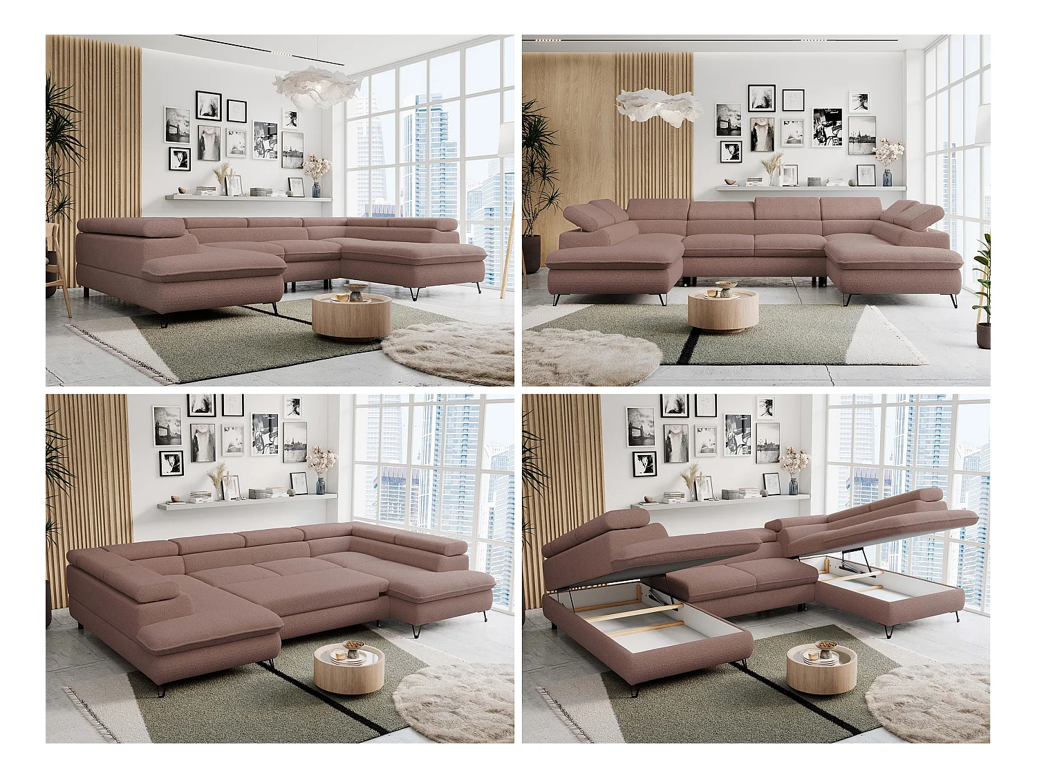 Ecksofa PETER U - schlaffunktion und Bettkästen, verstellbare Kopfstützen - Rosa Boucle