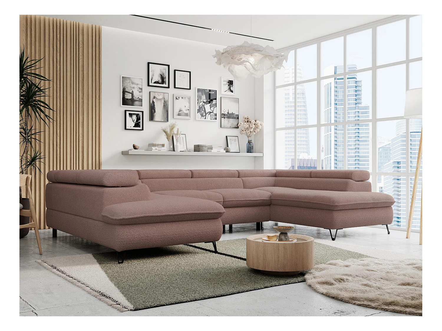 Ecksofa PETER U - schlaffunktion und Bettkästen, verstellbare Kopfstützen - Rosa Boucle