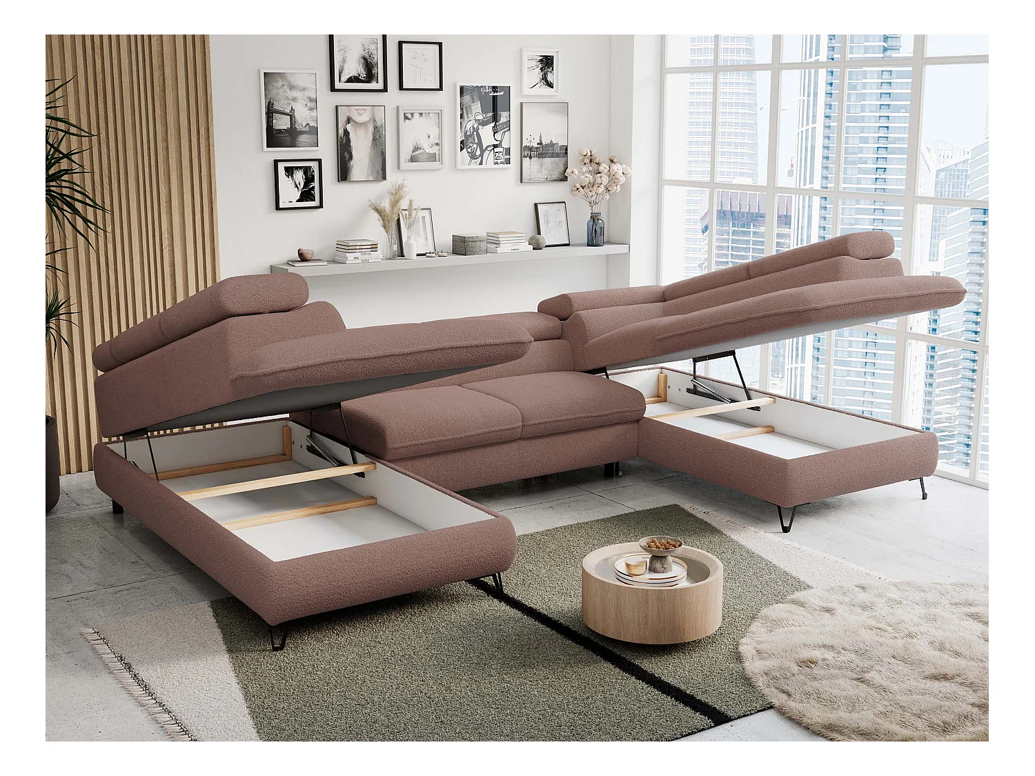 Ecksofa PETER U - schlaffunktion und Bettkästen, verstellbare Kopfstützen - Rosa Boucle