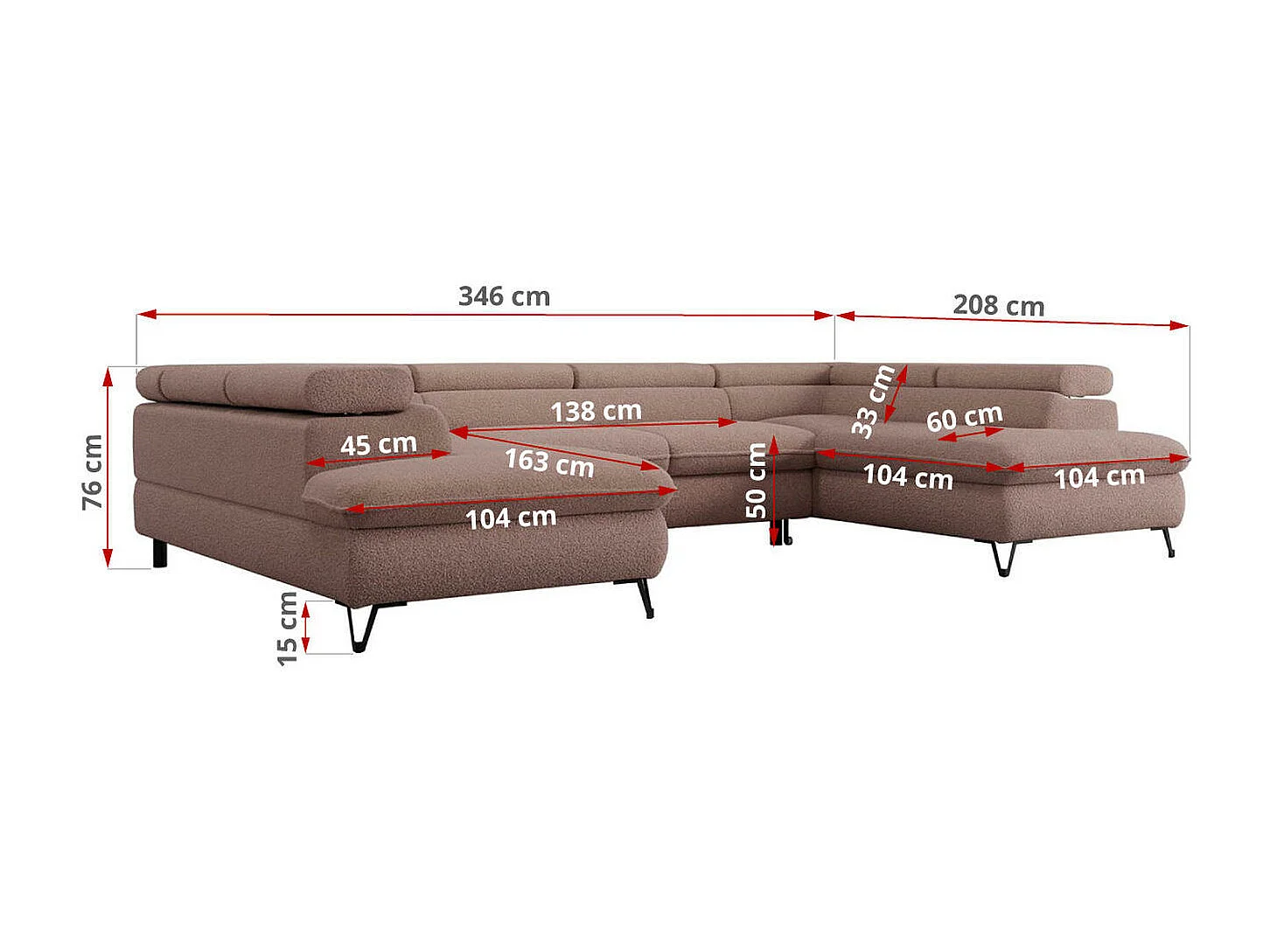 Ecksofa PETER U - schlaffunktion und Bettkästen, verstellbare Kopfstützen - Rosa Boucle