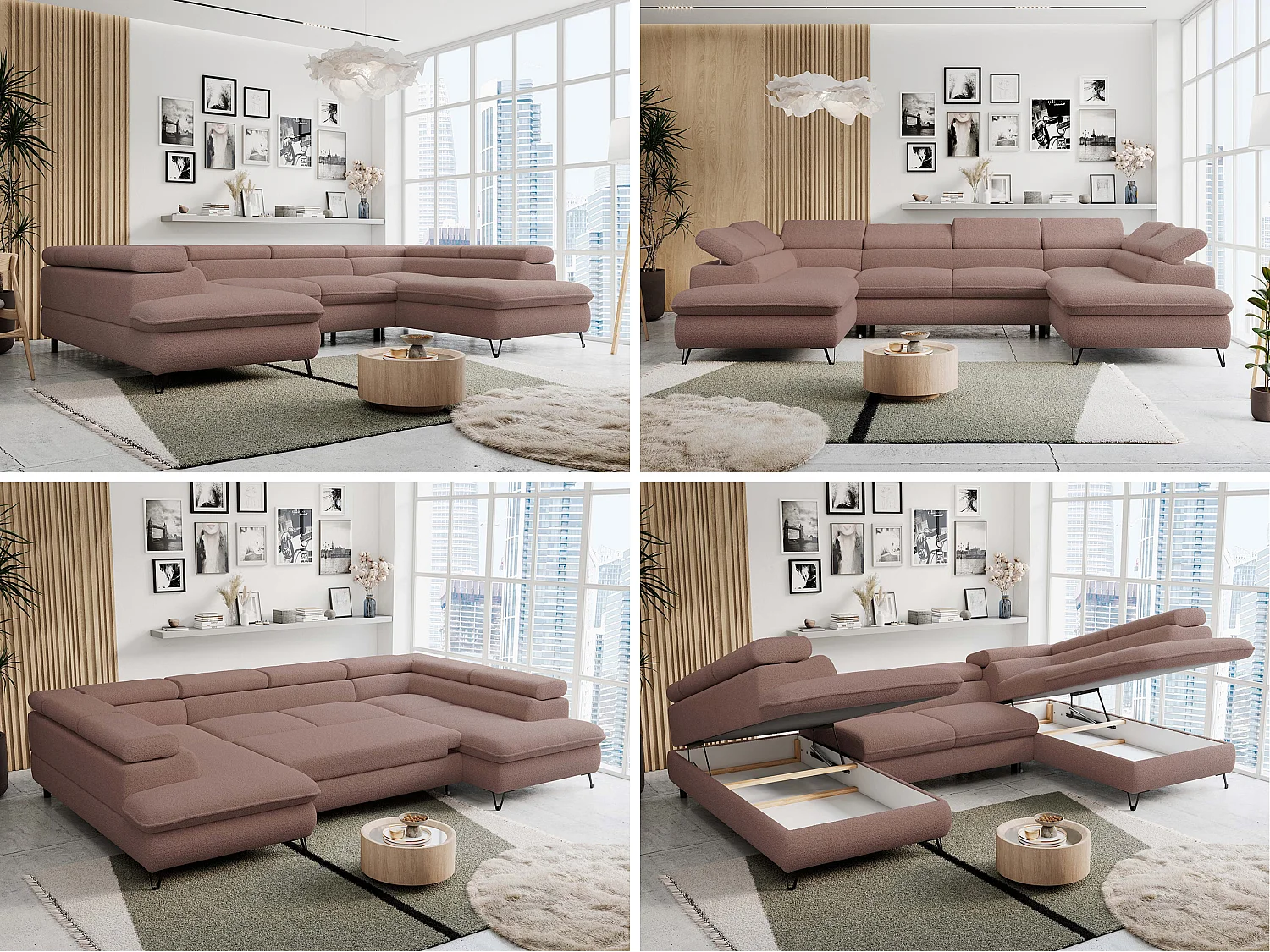 Ecksofa PETER U - schlaffunktion und Bettkästen, verstellbare Kopfstützen - Rosa Boucle