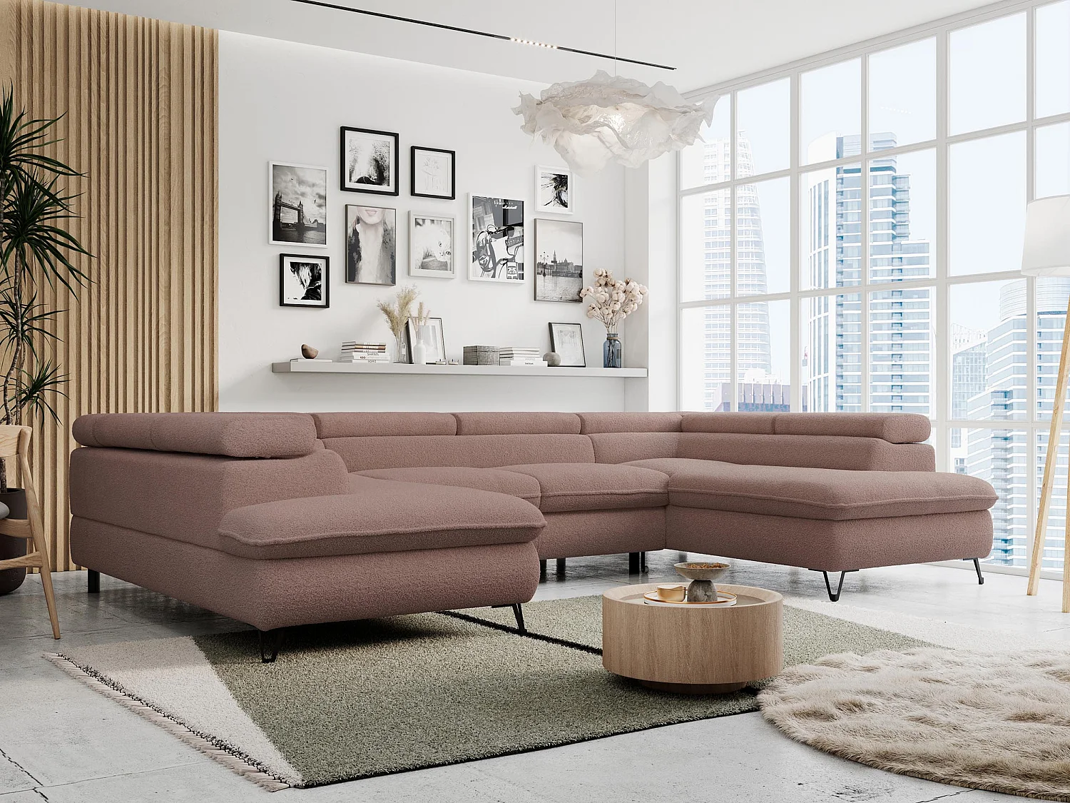 Ecksofa PETER U - schlaffunktion und Bettkästen, verstellbare Kopfstützen - Rosa Boucle