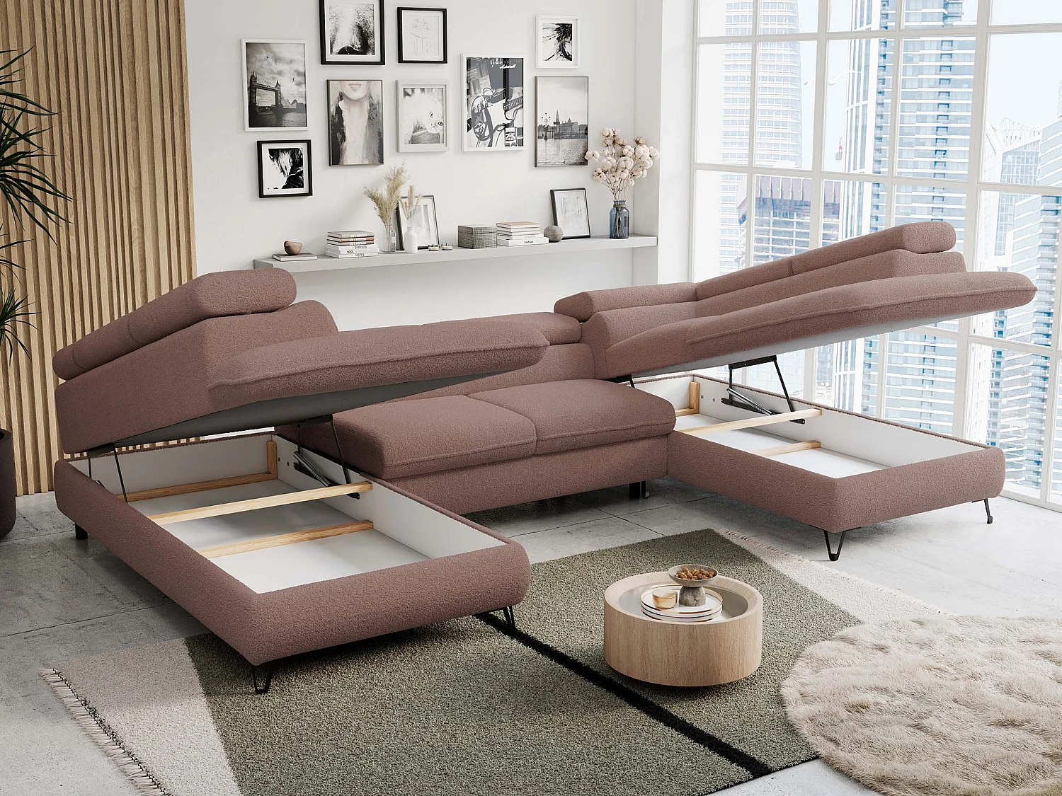 Ecksofa PETER U - schlaffunktion und Bettkästen, verstellbare Kopfstützen - Rosa Boucle