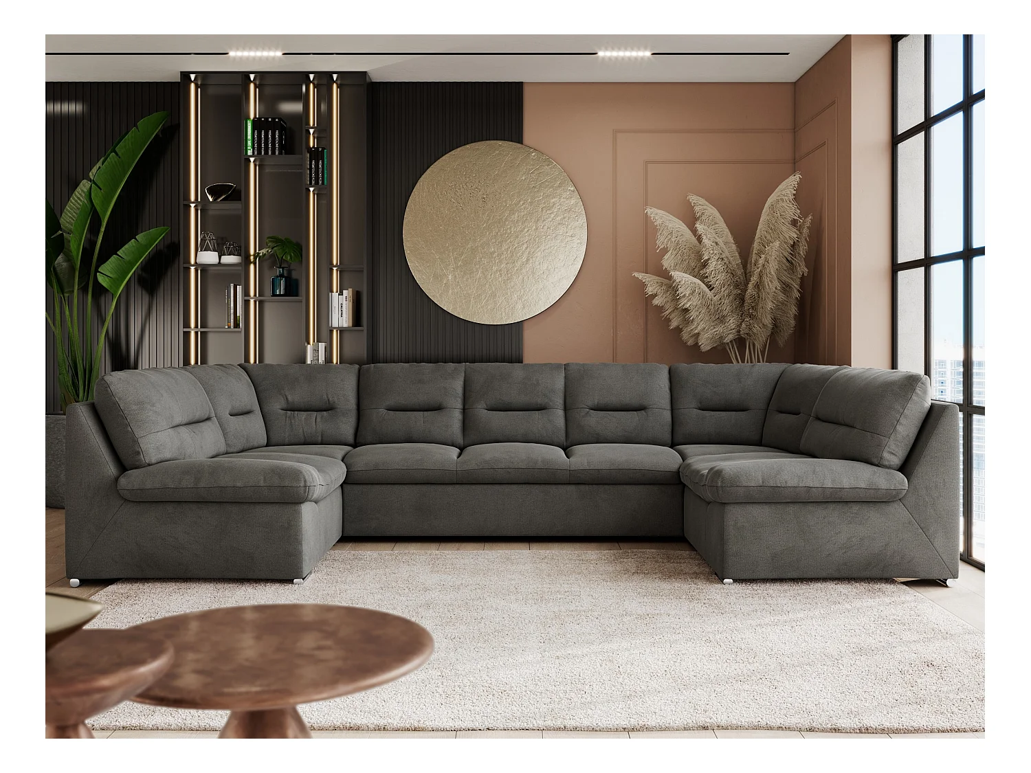 Ecksofa COMODO U, Große Wohnlandschaft, mit Schlaffunktion - Dunkelgrau Velvet