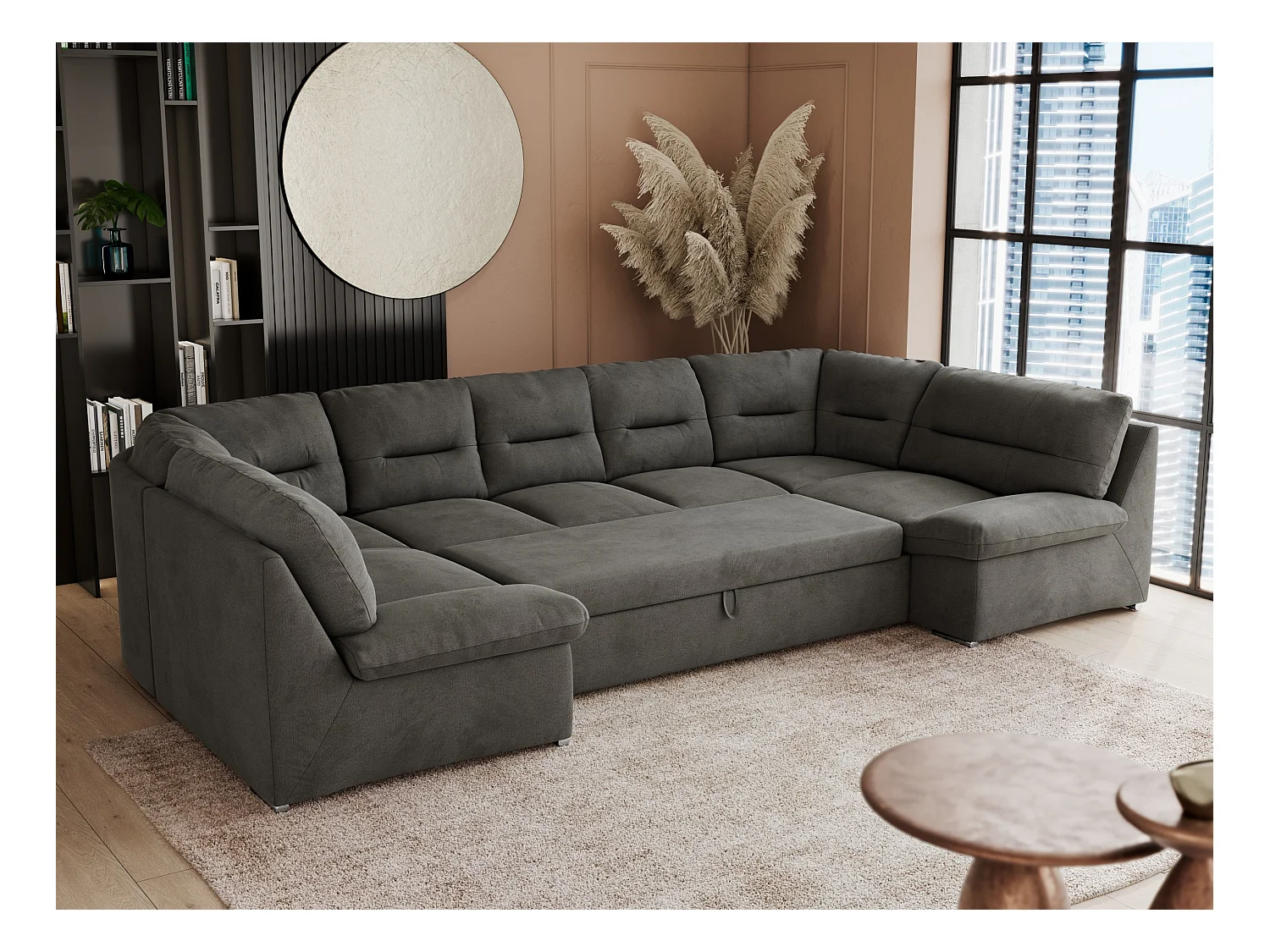 Ecksofa COMODO U, Große Wohnlandschaft, mit Schlaffunktion - Dunkelgrau Velvet