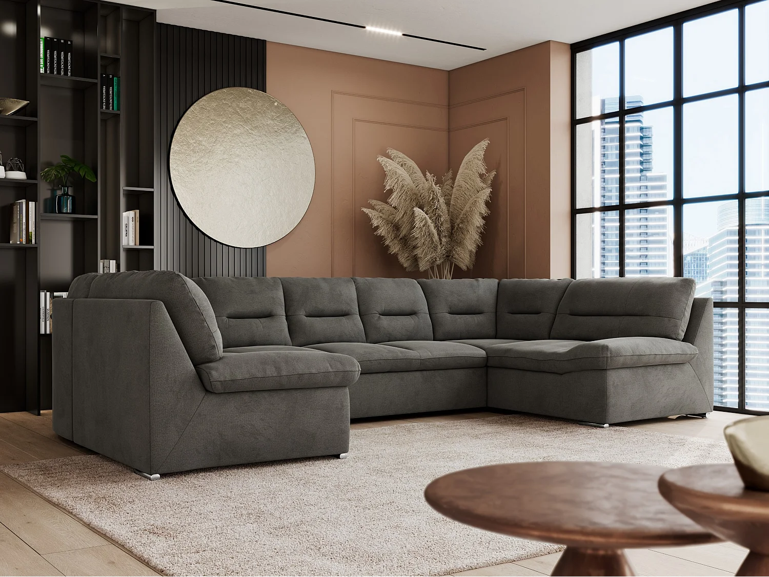 Ecksofa COMODO U, Große Wohnlandschaft, mit Schlaffunktion - Dunkelgrau Velvet