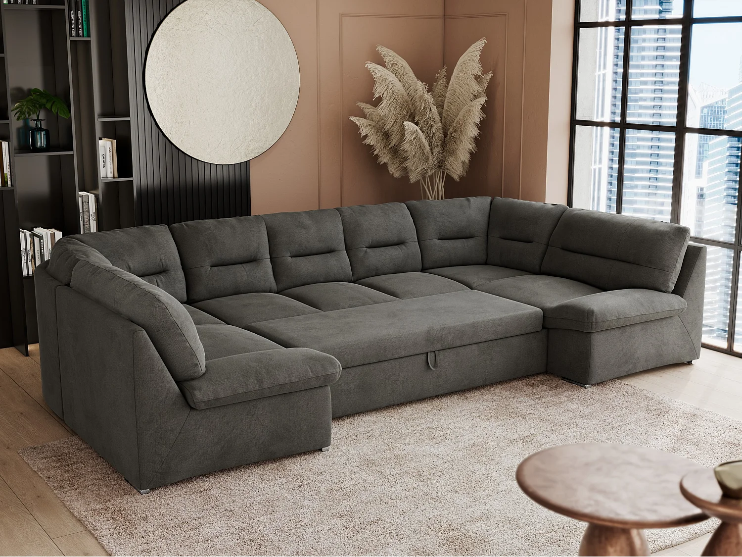 Ecksofa COMODO U, Große Wohnlandschaft, mit Schlaffunktion - Dunkelgrau Velvet