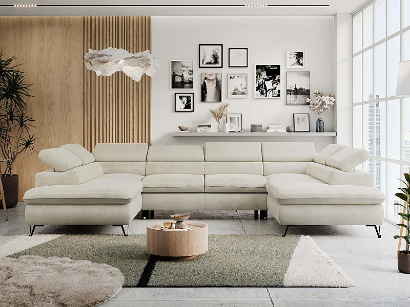 Ecksofa PETER U - schlaffunktion und Bettkästen, verstellbare Kopfstützen - Beige Velvet