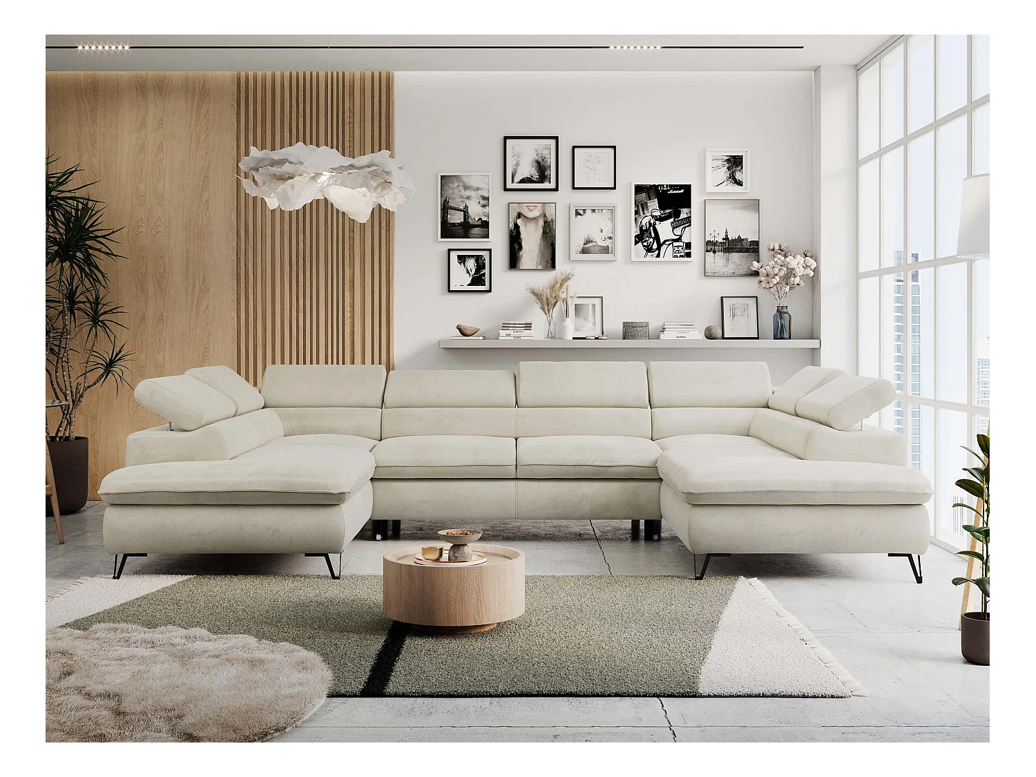 Ecksofa PETER U - schlaffunktion und Bettkästen, verstellbare Kopfstützen - Beige Velvet