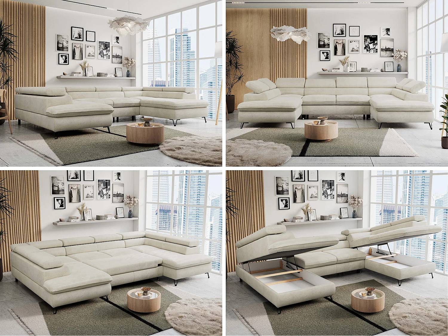 Ecksofa PETER U - schlaffunktion und Bettkästen, verstellbare Kopfstützen - Beige Velvet