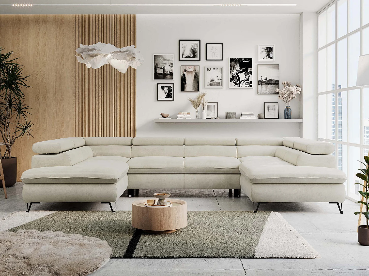 Ecksofa PETER U - schlaffunktion und Bettkästen, verstellbare Kopfstützen - Beige Velvet