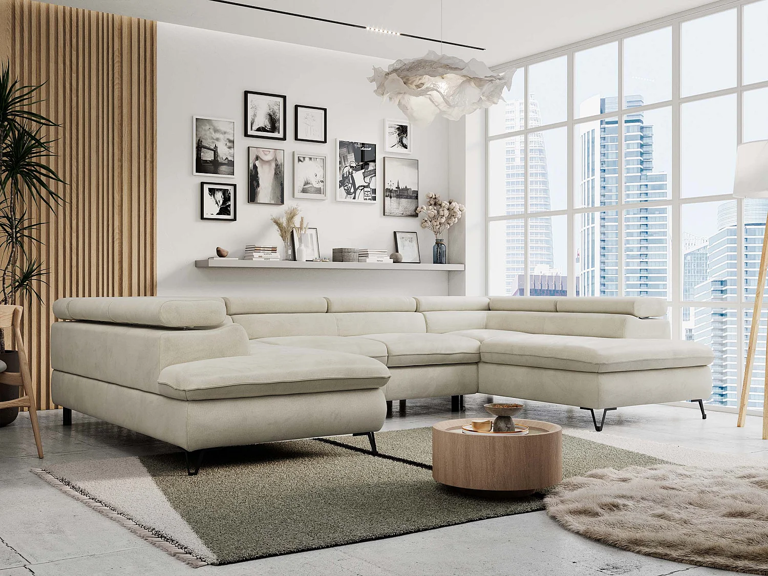 Ecksofa PETER U - schlaffunktion und Bettkästen, verstellbare Kopfstützen - Beige Velvet