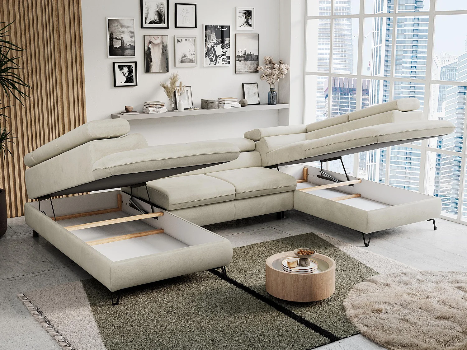 Ecksofa PETER U - schlaffunktion und Bettkästen, verstellbare Kopfstützen - Beige Velvet