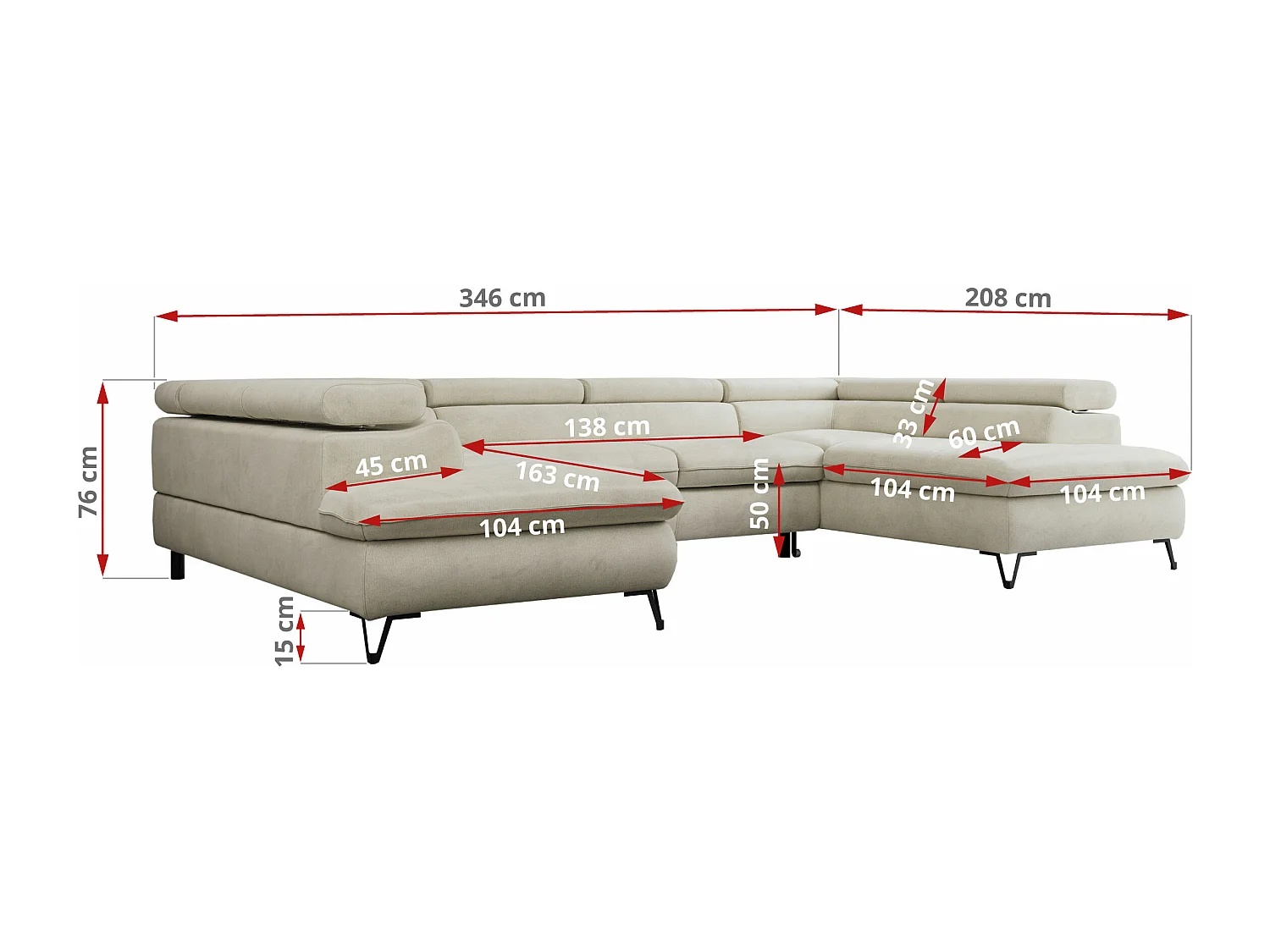 Ecksofa PETER U - schlaffunktion und Bettkästen, verstellbare Kopfstützen - Beige Velvet