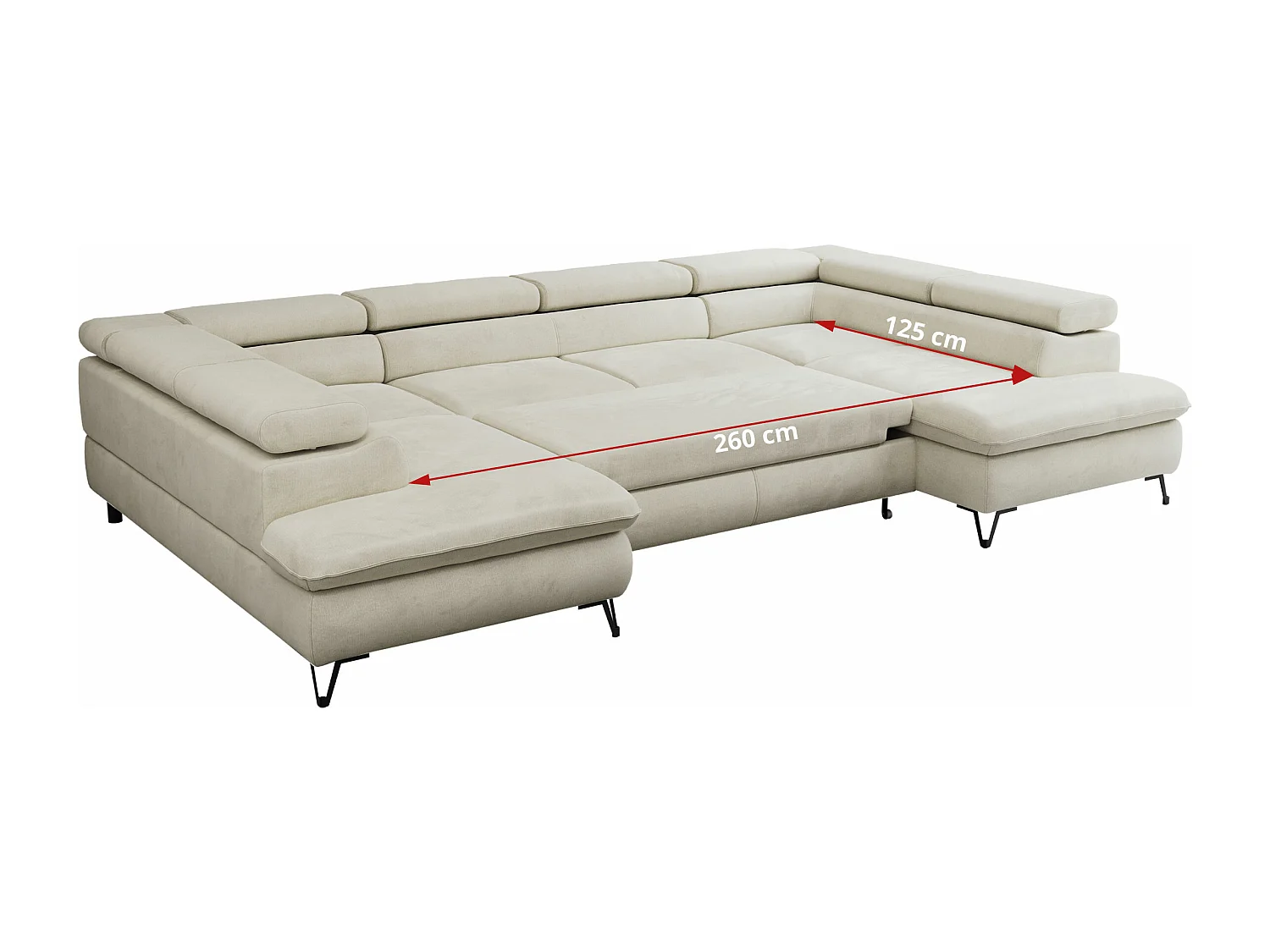 Ecksofa PETER U - schlaffunktion und Bettkästen, verstellbare Kopfstützen - Beige Velvet