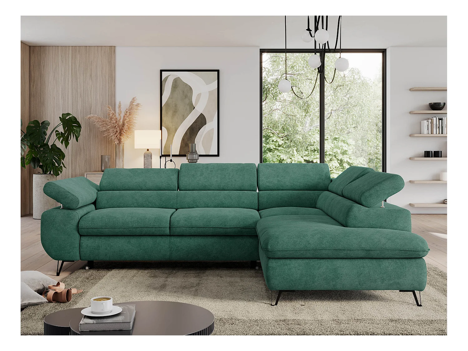 Ecksofa PEDRO - L-Form mit Schlaffunktion 200x125 cm, verstellbaren Kopfstützen - Grün Stukture - Ecke Rechts