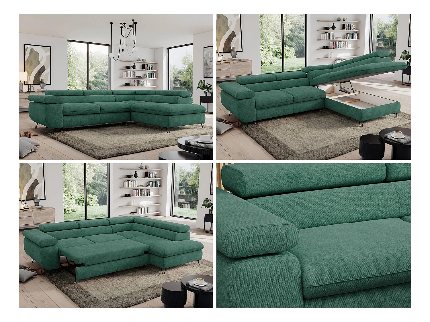 Ecksofa PEDRO - L-Form mit Schlaffunktion 200x125 cm, verstellbaren Kopfstützen - Grün Stukture - Ecke Rechts