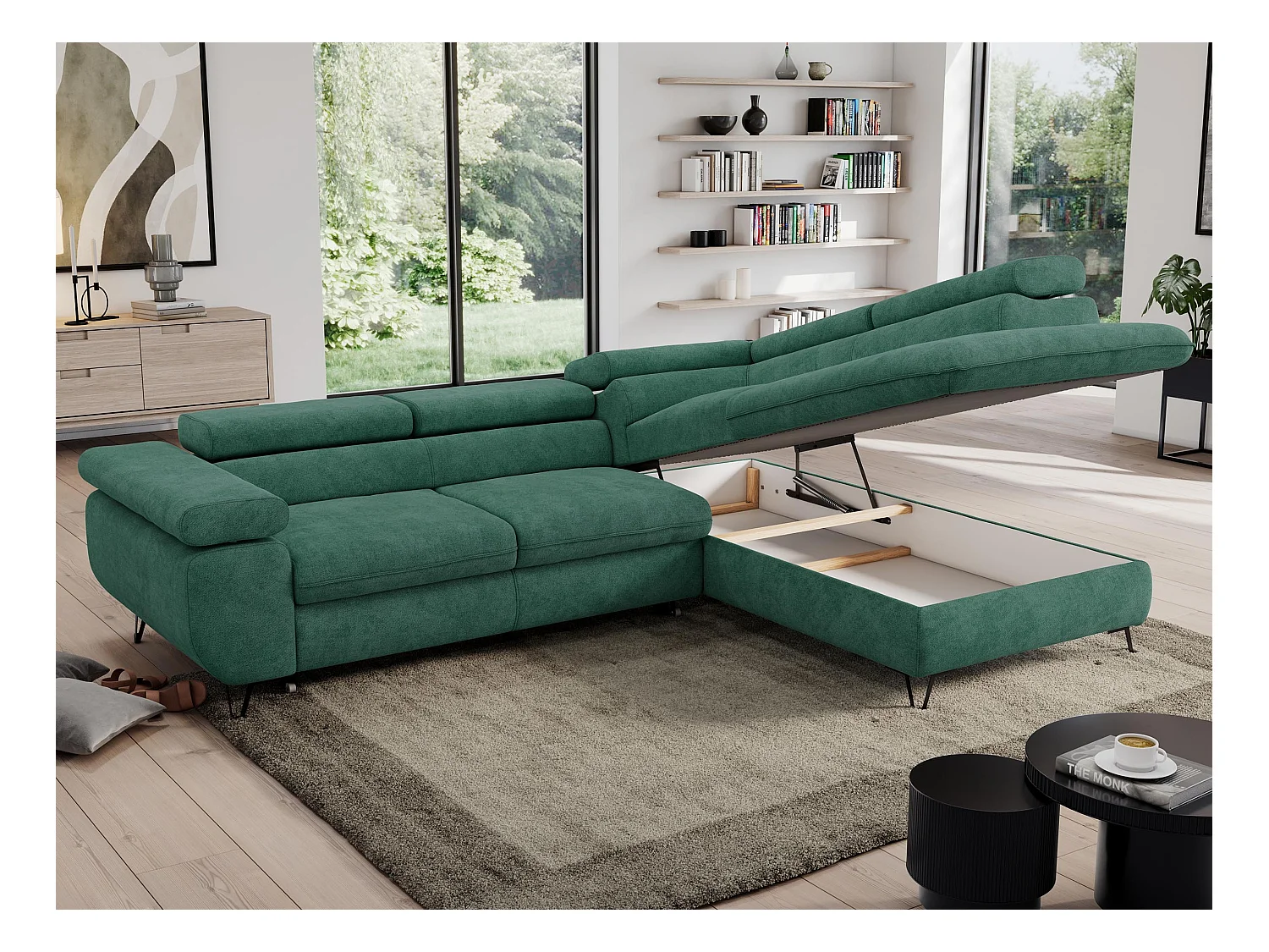 Ecksofa PEDRO - L-Form mit Schlaffunktion 200x125 cm, verstellbaren Kopfstützen - Grün Stukture - Ecke Rechts