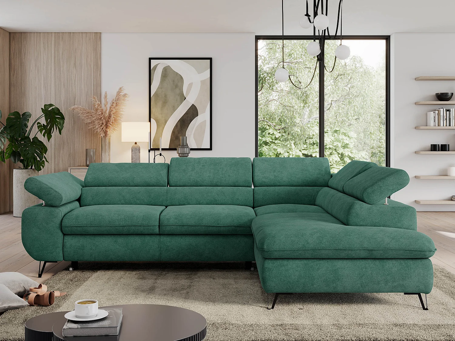 Ecksofa PEDRO - L-Form mit Schlaffunktion 200x125 cm, verstellbaren Kopfstützen - Grün Stukture - Ecke Rechts