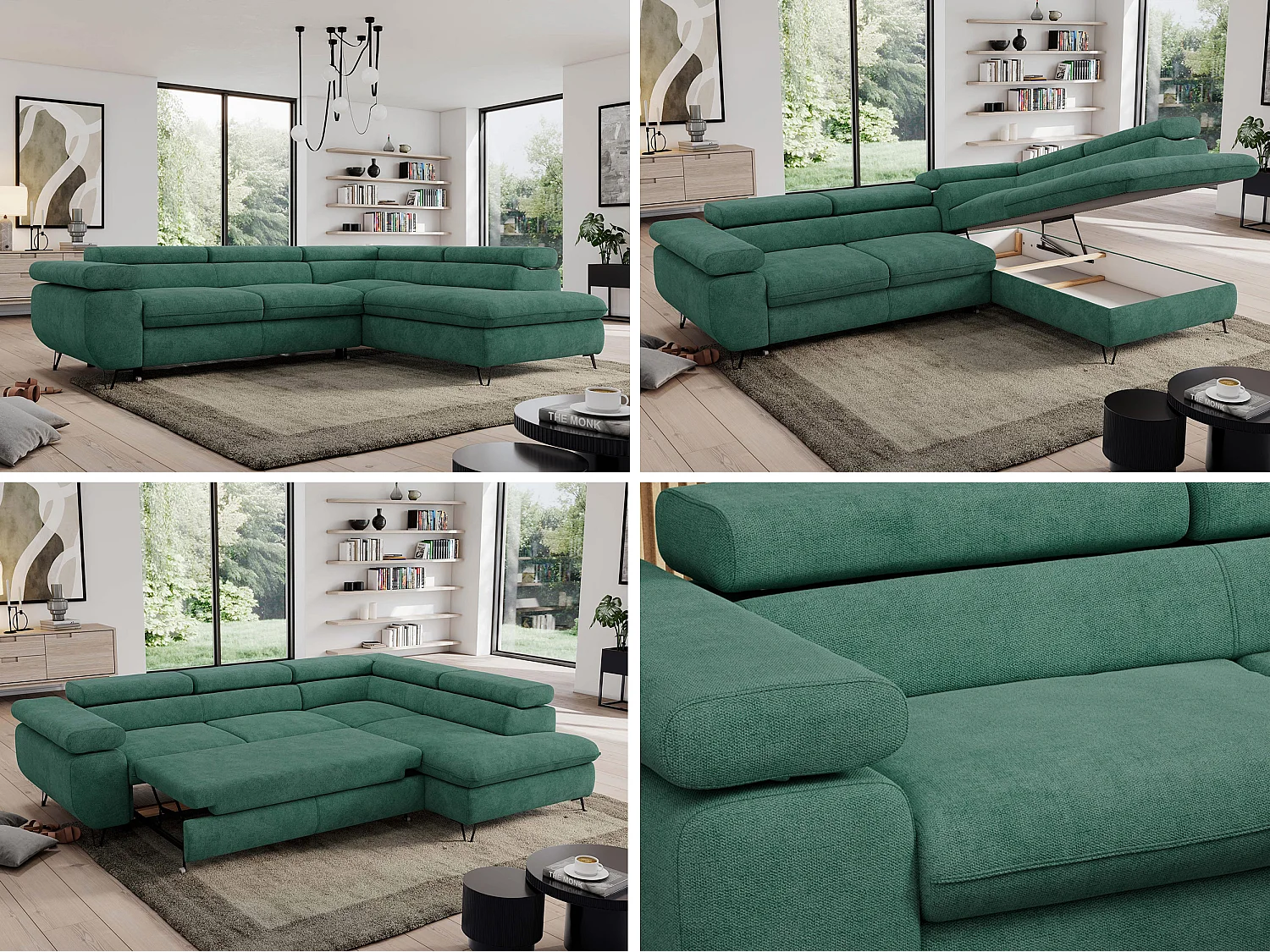 Ecksofa PEDRO - L-Form mit Schlaffunktion 200x125 cm, verstellbaren Kopfstützen - Grün Stukture - Ecke Rechts