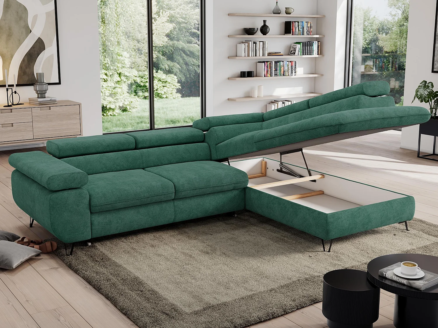Ecksofa PEDRO - L-Form mit Schlaffunktion 200x125 cm, verstellbaren Kopfstützen - Grün Stukture - Ecke Rechts