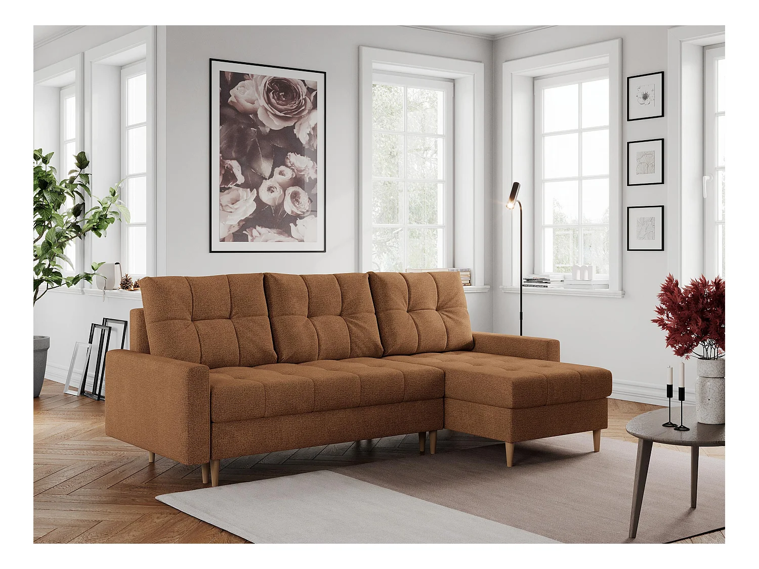 Ecksofa COLIN - gesteppte Sitzfläche, mit Schlaffunktion - Orange Stukture