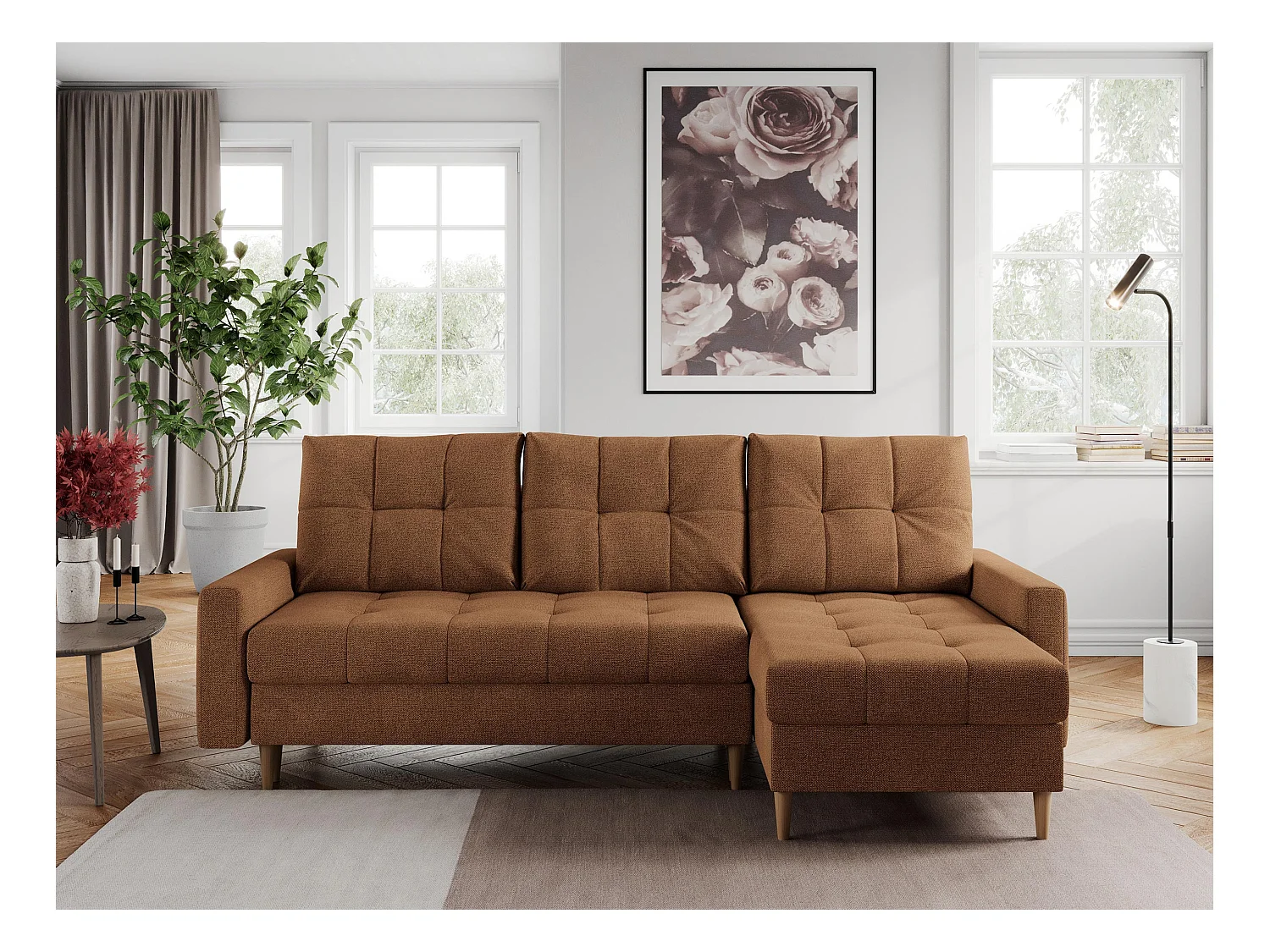 Ecksofa COLIN - gesteppte Sitzfläche, mit Schlaffunktion - Orange Stukture