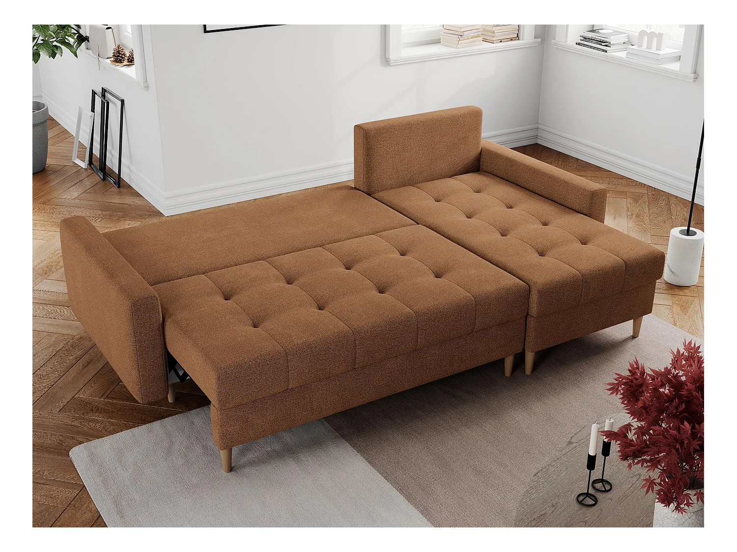 Ecksofa COLIN - gesteppte Sitzfläche, mit Schlaffunktion - Orange Stukture