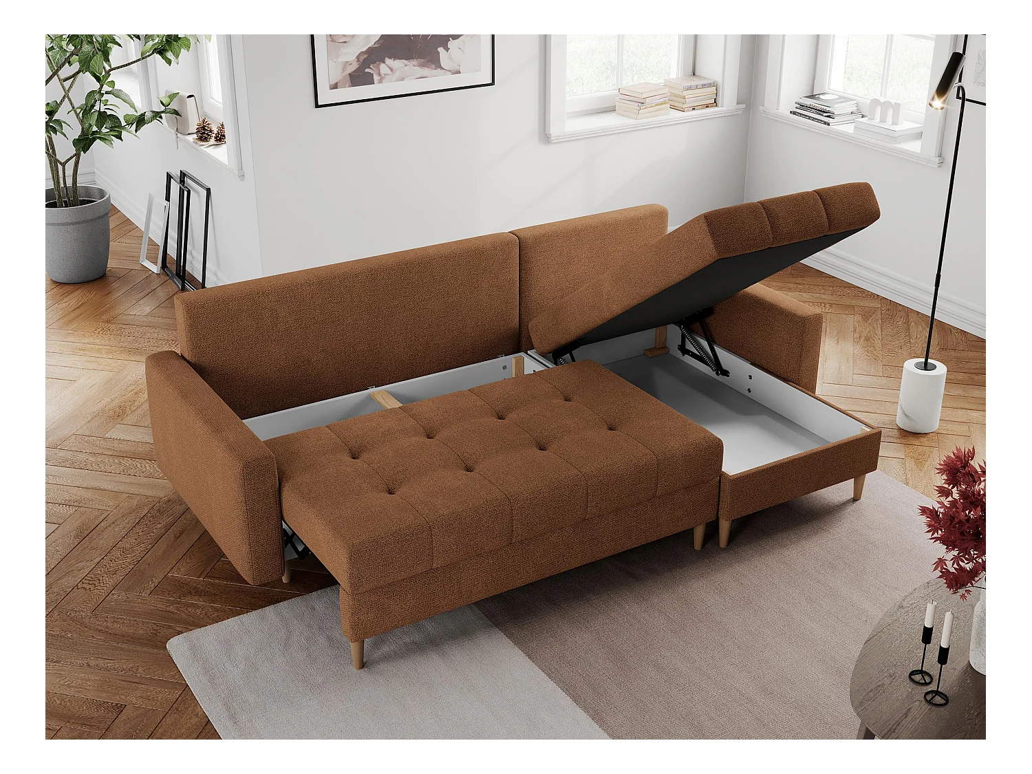 Ecksofa COLIN - gesteppte Sitzfläche, mit Schlaffunktion - Orange Stukture