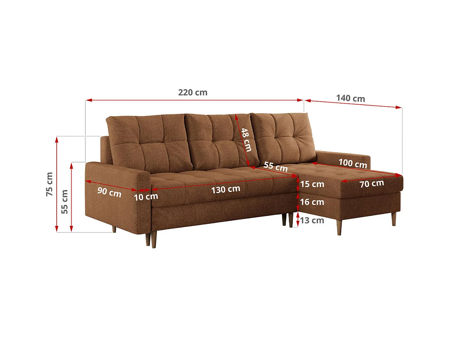 Ecksofa COLIN - gesteppte Sitzfläche, mit Schlaffunktion - Orange Stukture
