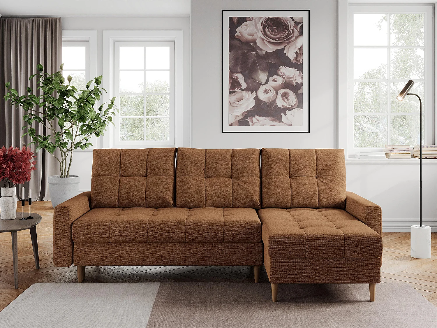 Ecksofa COLIN - gesteppte Sitzfläche, mit Schlaffunktion - Orange Stukture