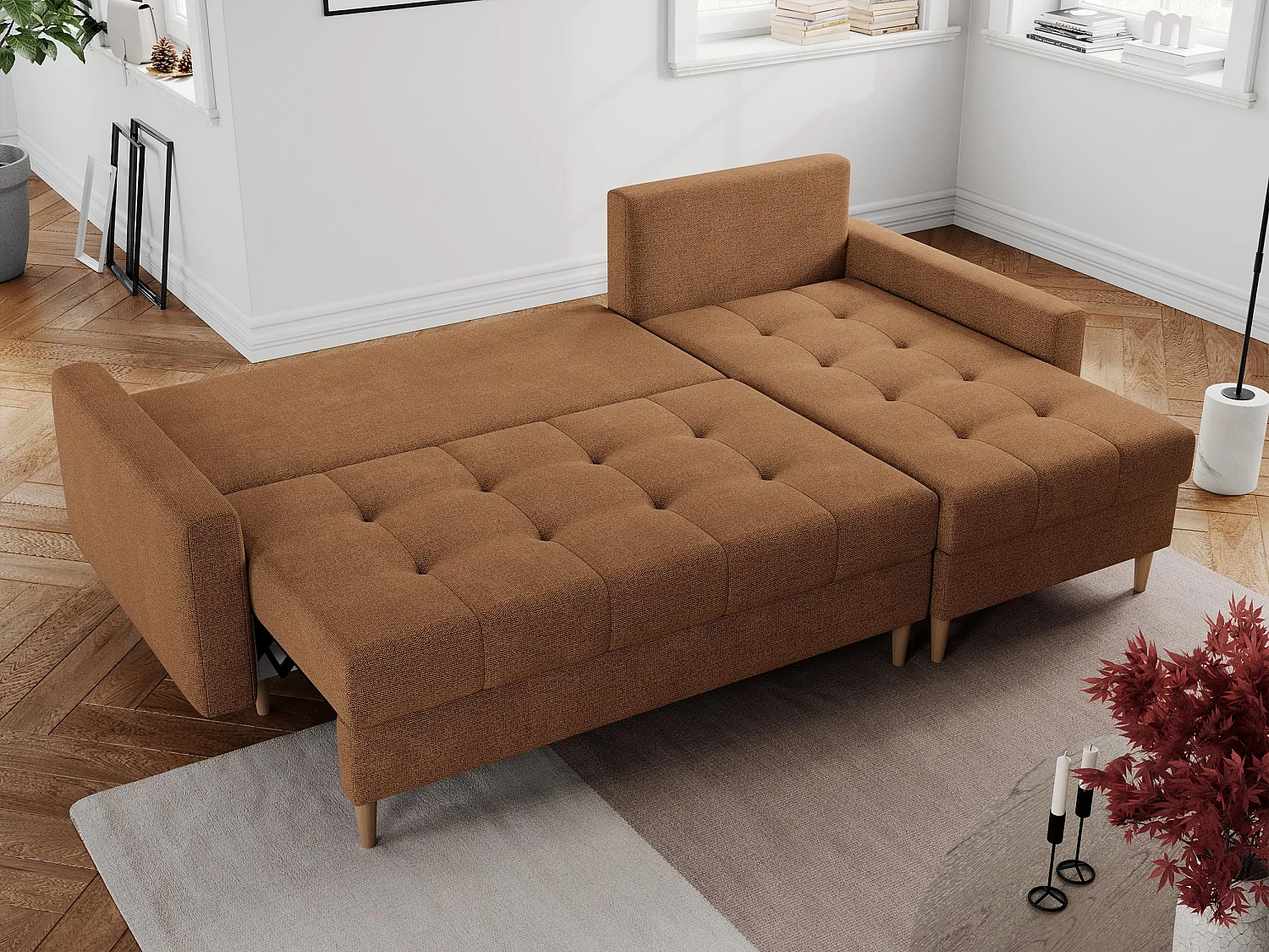 Ecksofa COLIN - gesteppte Sitzfläche, mit Schlaffunktion - Orange Stukture