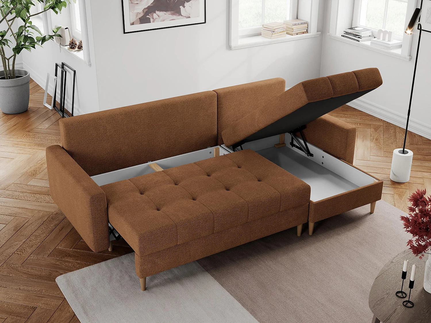 Ecksofa COLIN - gesteppte Sitzfläche, mit Schlaffunktion - Orange Stukture