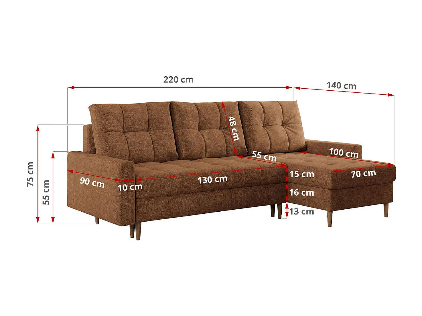 Ecksofa COLIN - gesteppte Sitzfläche, mit Schlaffunktion - Orange Stukture