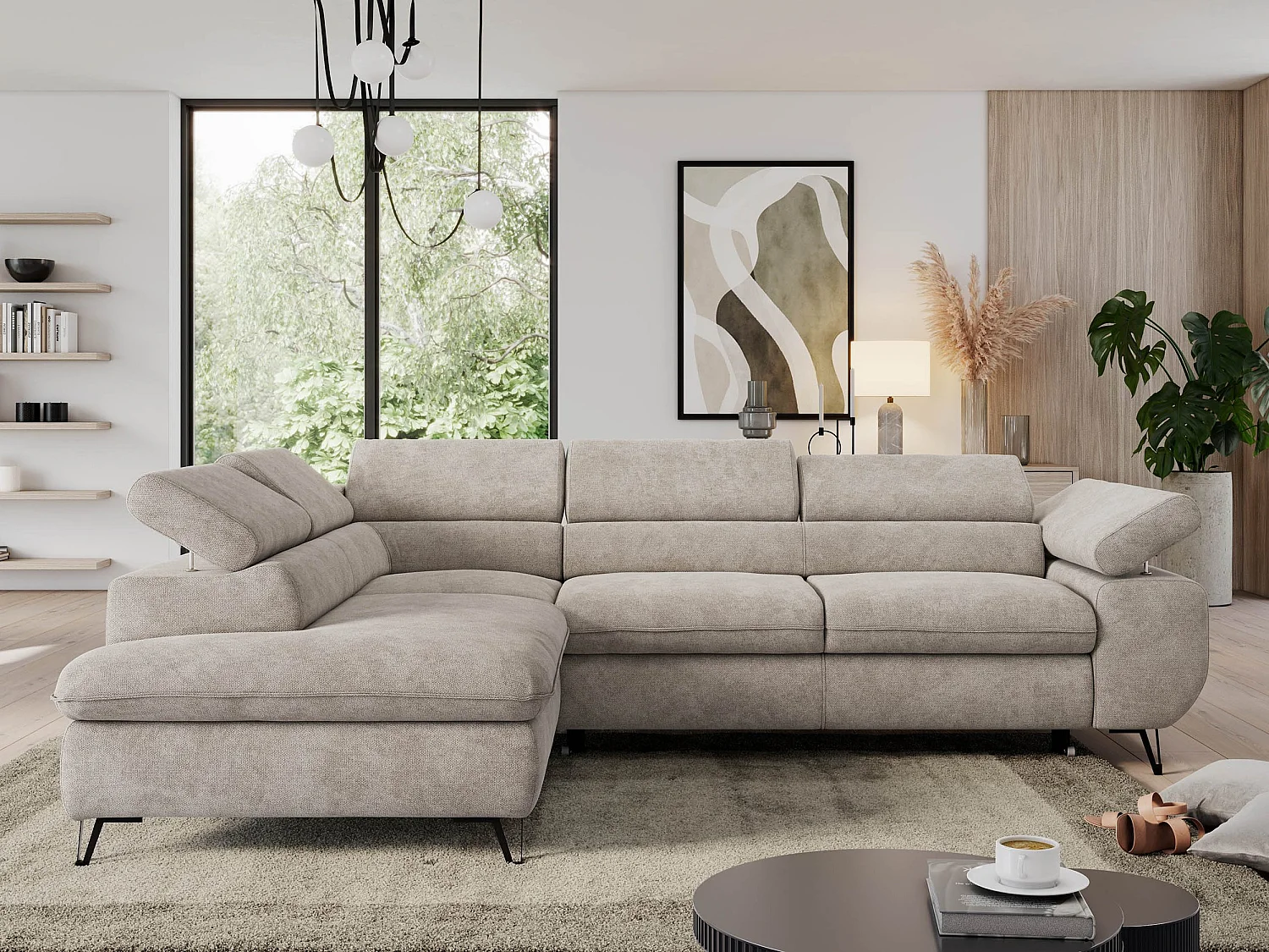Ecksofa PEDRO - L-Form mit Schlaffunktion 200x125 cm, verstellbaren Kopfstützen - Beige Stukture - Ecke Links