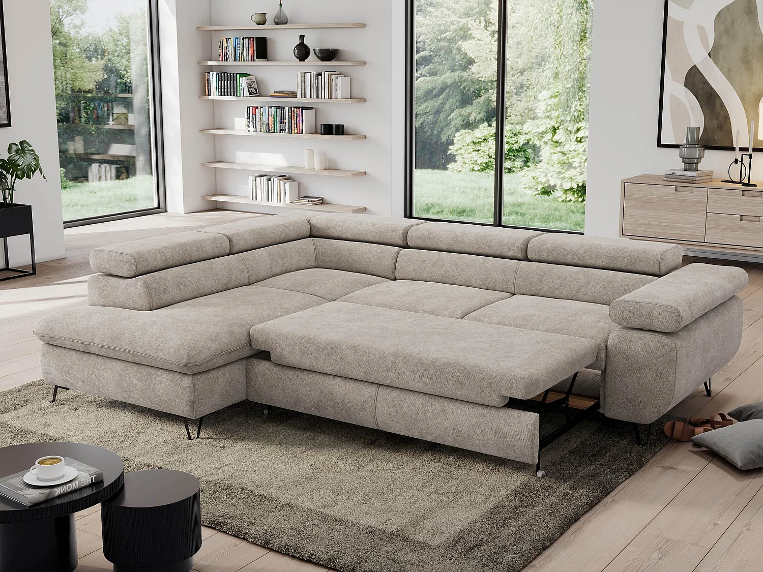Ecksofa PEDRO - L-Form mit Schlaffunktion 200x125 cm, verstellbaren Kopfstützen - Beige Stukture - Ecke Links