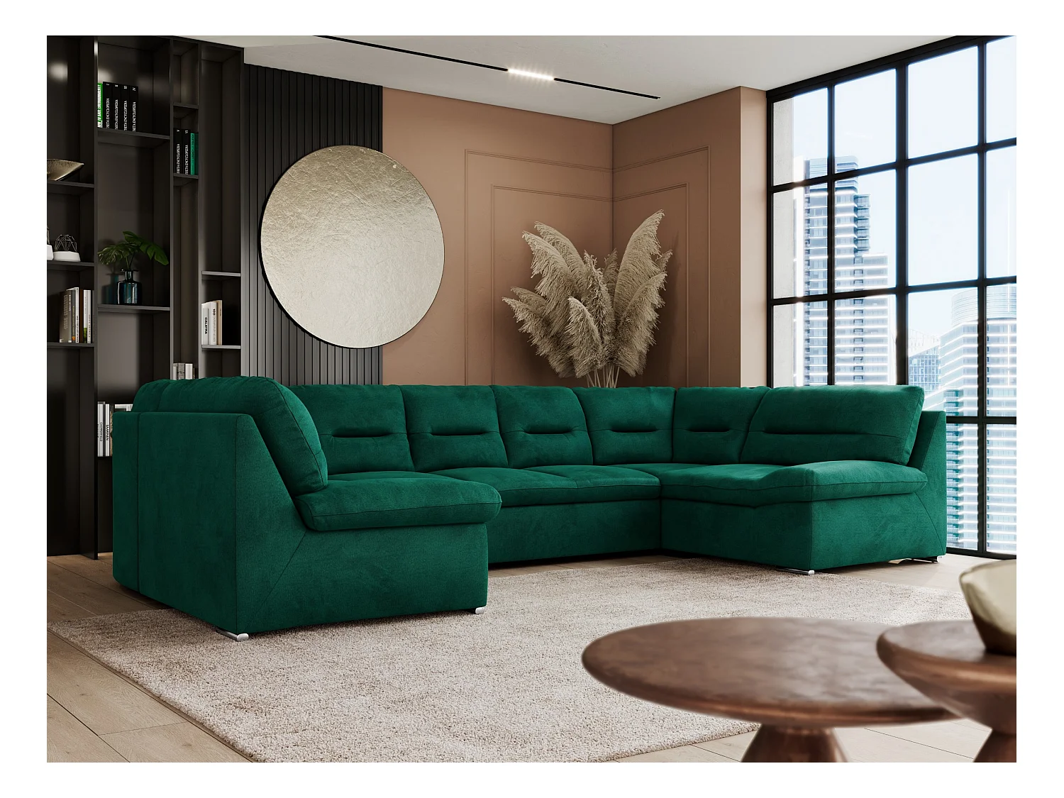 Ecksofa COMODO U, Große Wohnlandschaft, mit Schlaffunktion - Dunkelgrün Velvet