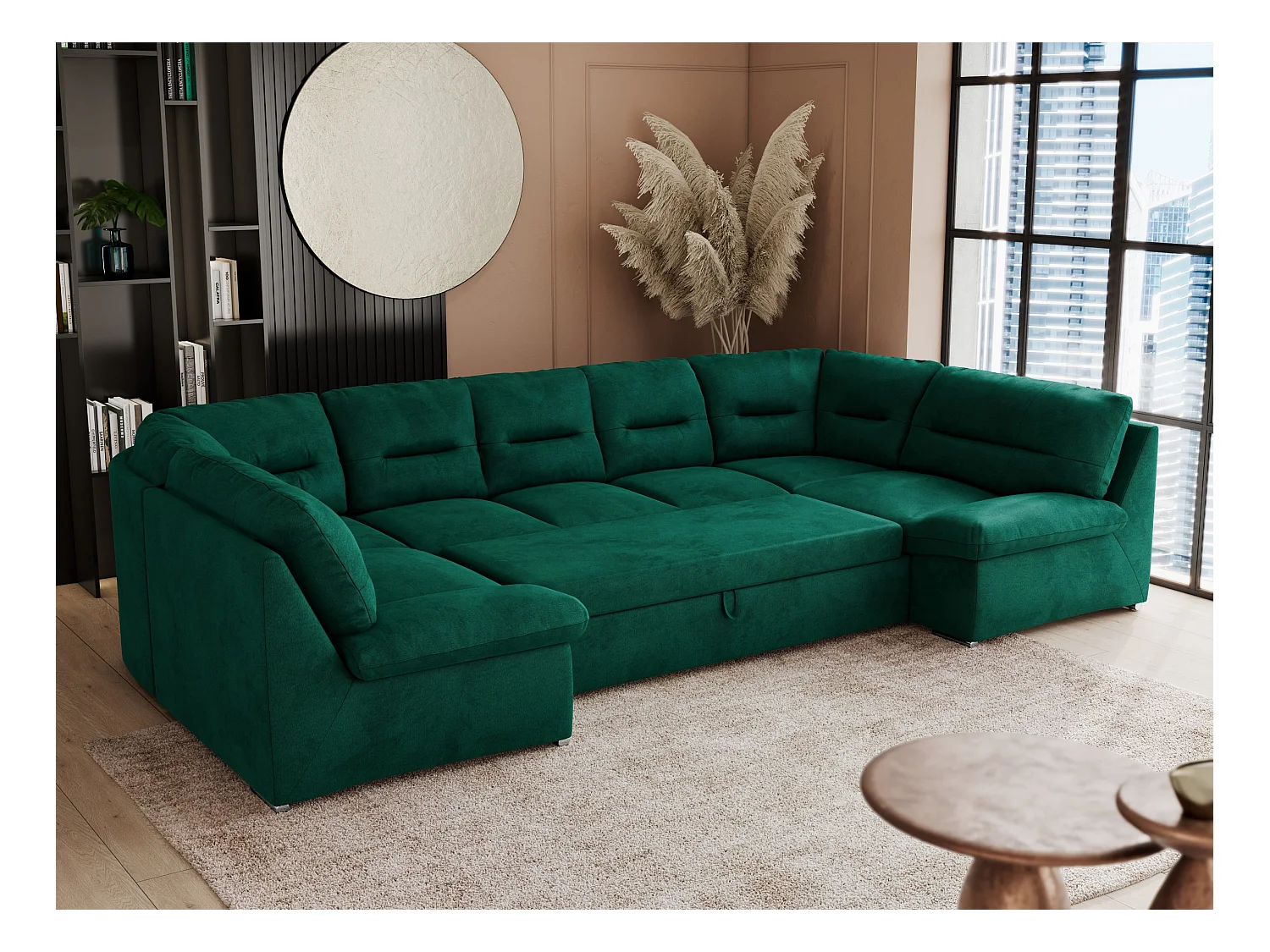 Ecksofa COMODO U, Große Wohnlandschaft, mit Schlaffunktion - Dunkelgrün Velvet
