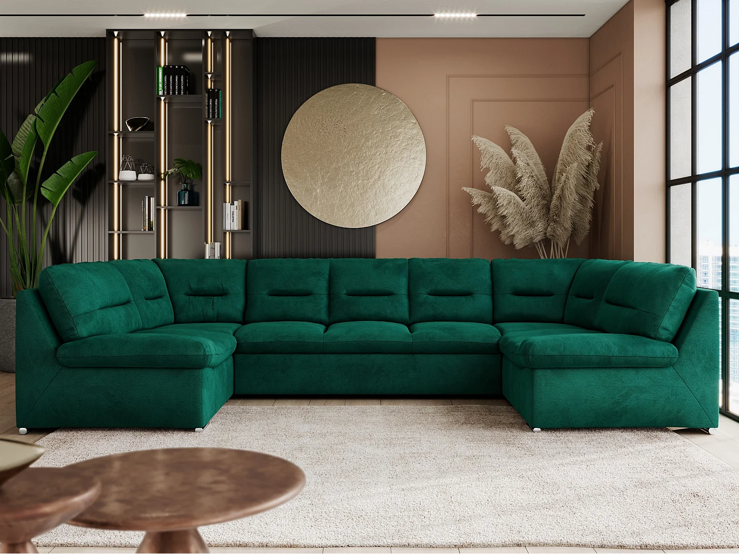 Ecksofa COMODO U, Große Wohnlandschaft, mit Schlaffunktion - Dunkelgrün Velvet