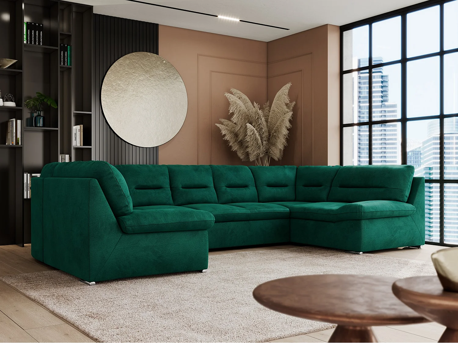 Ecksofa COMODO U, Große Wohnlandschaft, mit Schlaffunktion - Dunkelgrün Velvet