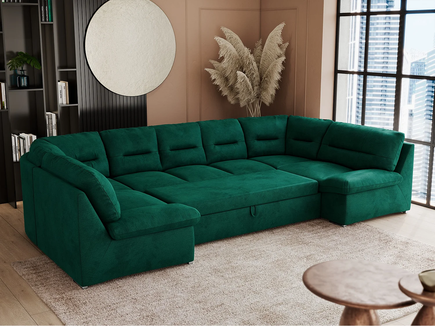 Ecksofa COMODO U, Große Wohnlandschaft, mit Schlaffunktion - Dunkelgrün Velvet