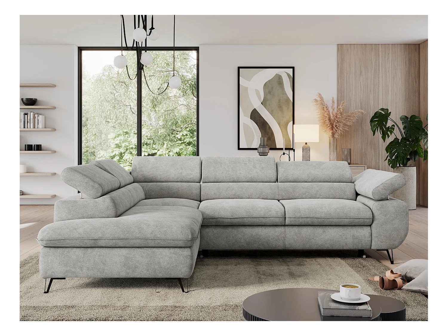 Ecksofa PEDRO - L-Form mit Schlaffunktion 200x125 cm, verstellbaren Kopfstützen - Hellgrau Stukture - Ecke Links