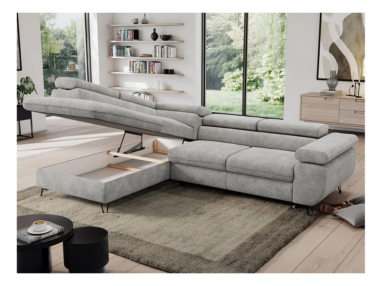 Ecksofa PEDRO - L-Form mit Schlaffunktion 200x125 cm, verstellbaren Kopfstützen - Hellgrau Stukture - Ecke Links