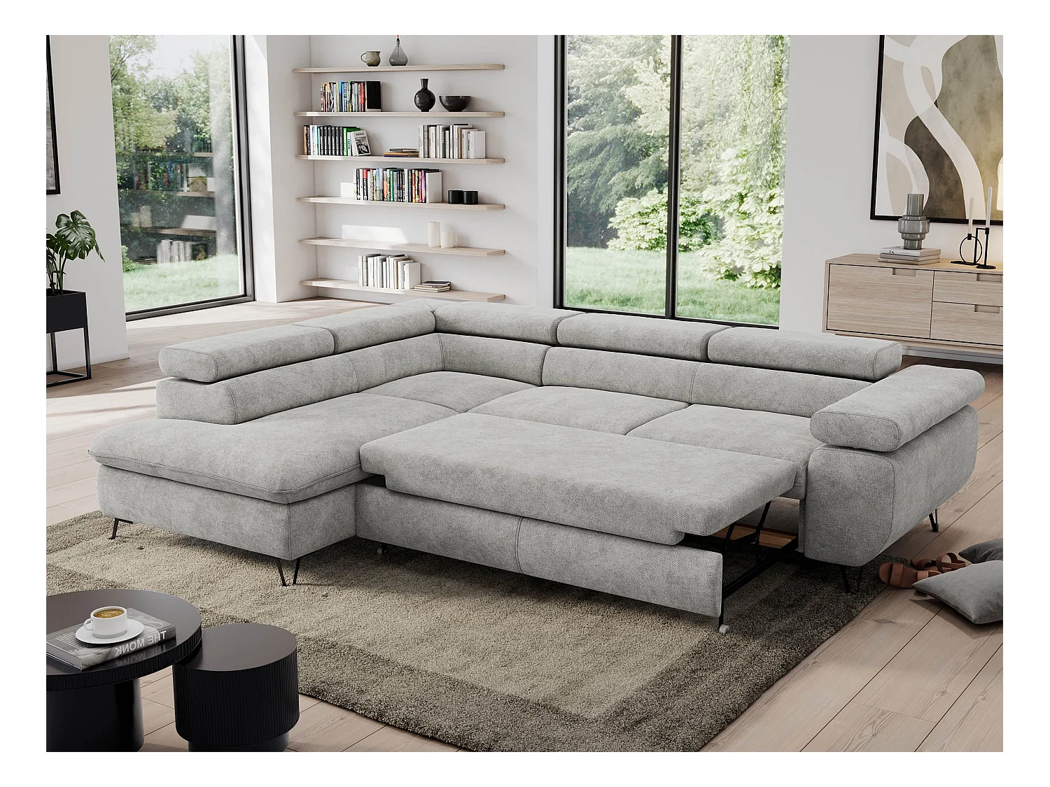 Ecksofa PEDRO - L-Form mit Schlaffunktion 200x125 cm, verstellbaren Kopfstützen - Hellgrau Stukture - Ecke Links