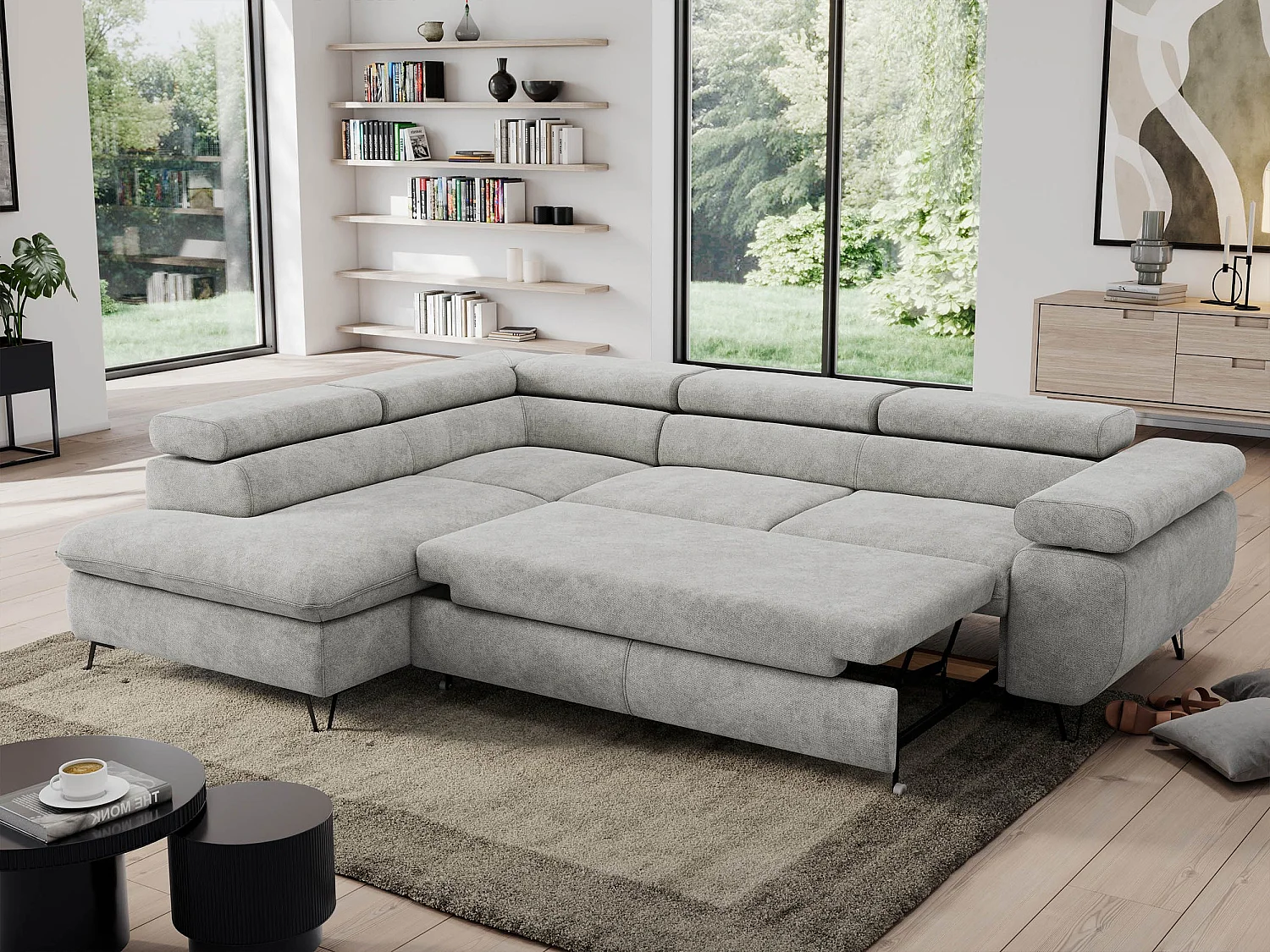 Ecksofa PEDRO - L-Form mit Schlaffunktion 200x125 cm, verstellbaren Kopfstützen - Hellgrau Stukture - Ecke Links