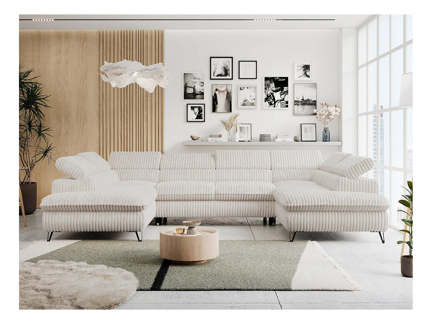 Ecksofa PETER U - schlaffunktion und Bettkästen, verstellbare Kopfstützen - Creme Cord