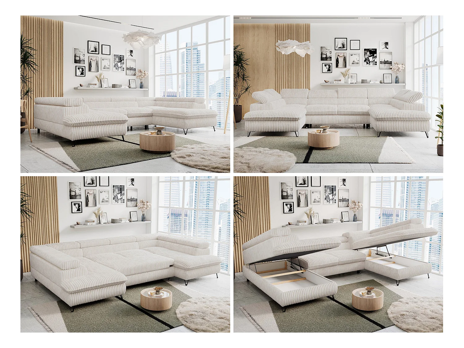 Ecksofa PETER U - schlaffunktion und Bettkästen, verstellbare Kopfstützen - Creme Cord