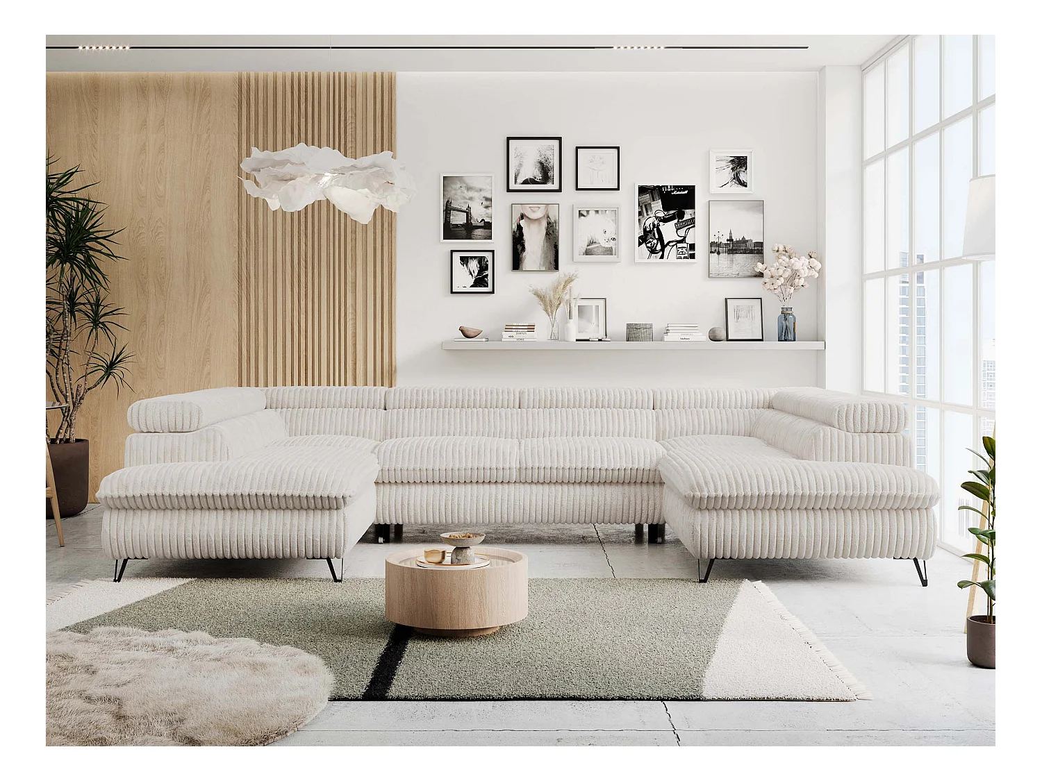 Ecksofa PETER U - schlaffunktion und Bettkästen, verstellbare Kopfstützen - Creme Cord