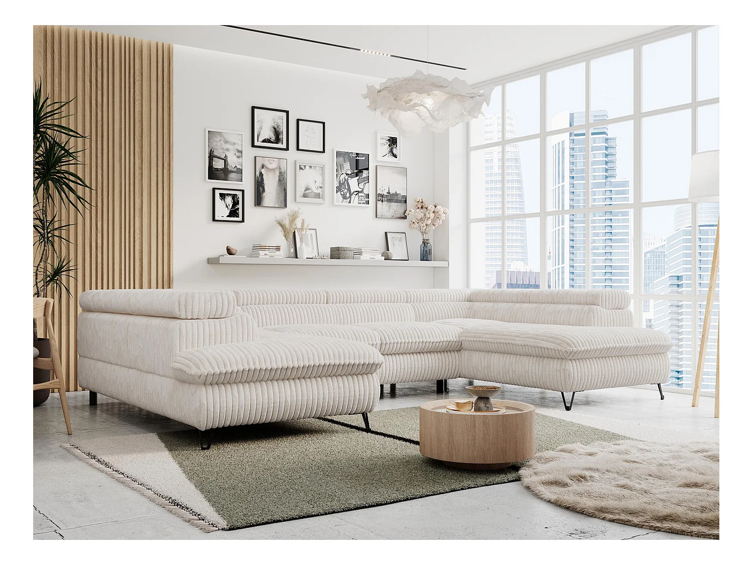 Ecksofa PETER U - schlaffunktion und Bettkästen, verstellbare Kopfstützen - Creme Cord