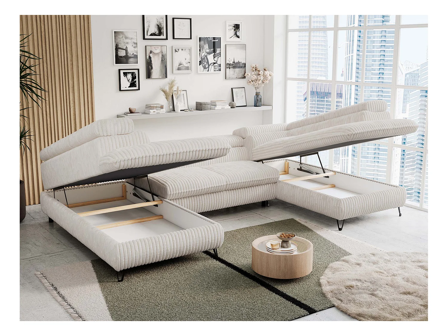 Ecksofa PETER U - schlaffunktion und Bettkästen, verstellbare Kopfstützen - Creme Cord